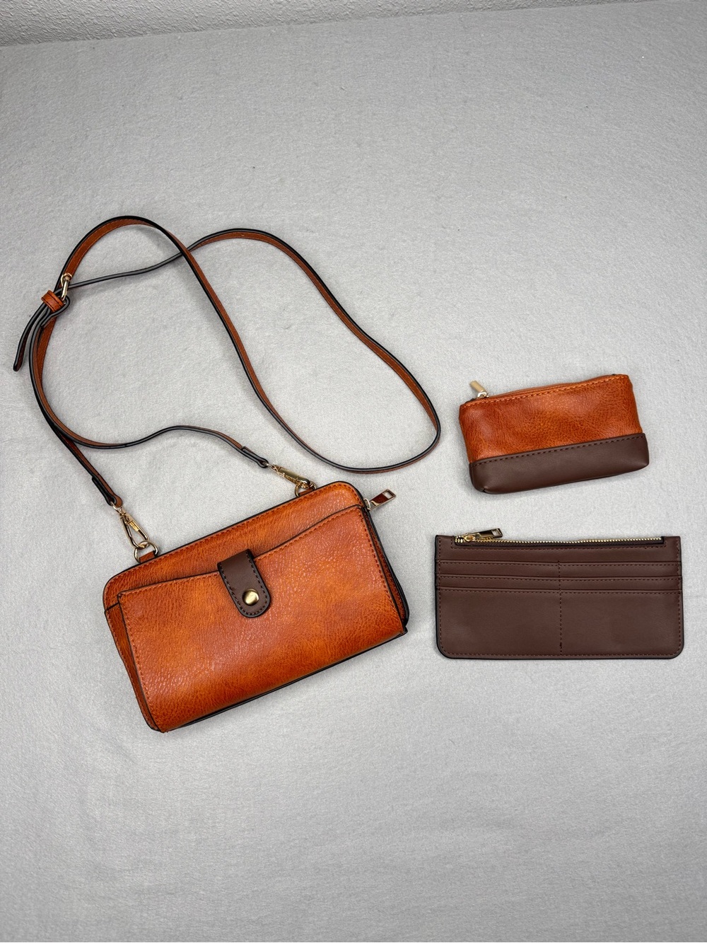 Muriel Crossbody Bag and Card Holder and Pouch  Set Cognac Brown Vegan Leather